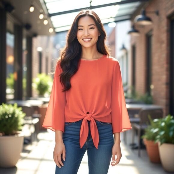 Vince Camuto Coral Blaze Sheer Blouse — XS - Picture 2 of 8